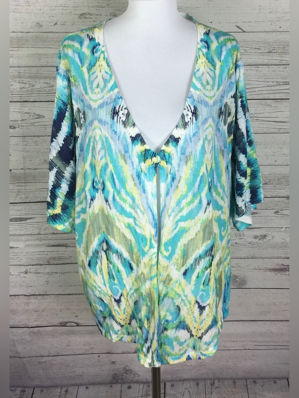Chico’s Womens Multicolor Short Sleeve One Snap Cardigan Sweater Size XL